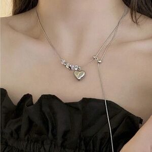 Silver Heart Beaded Lariat Necklace